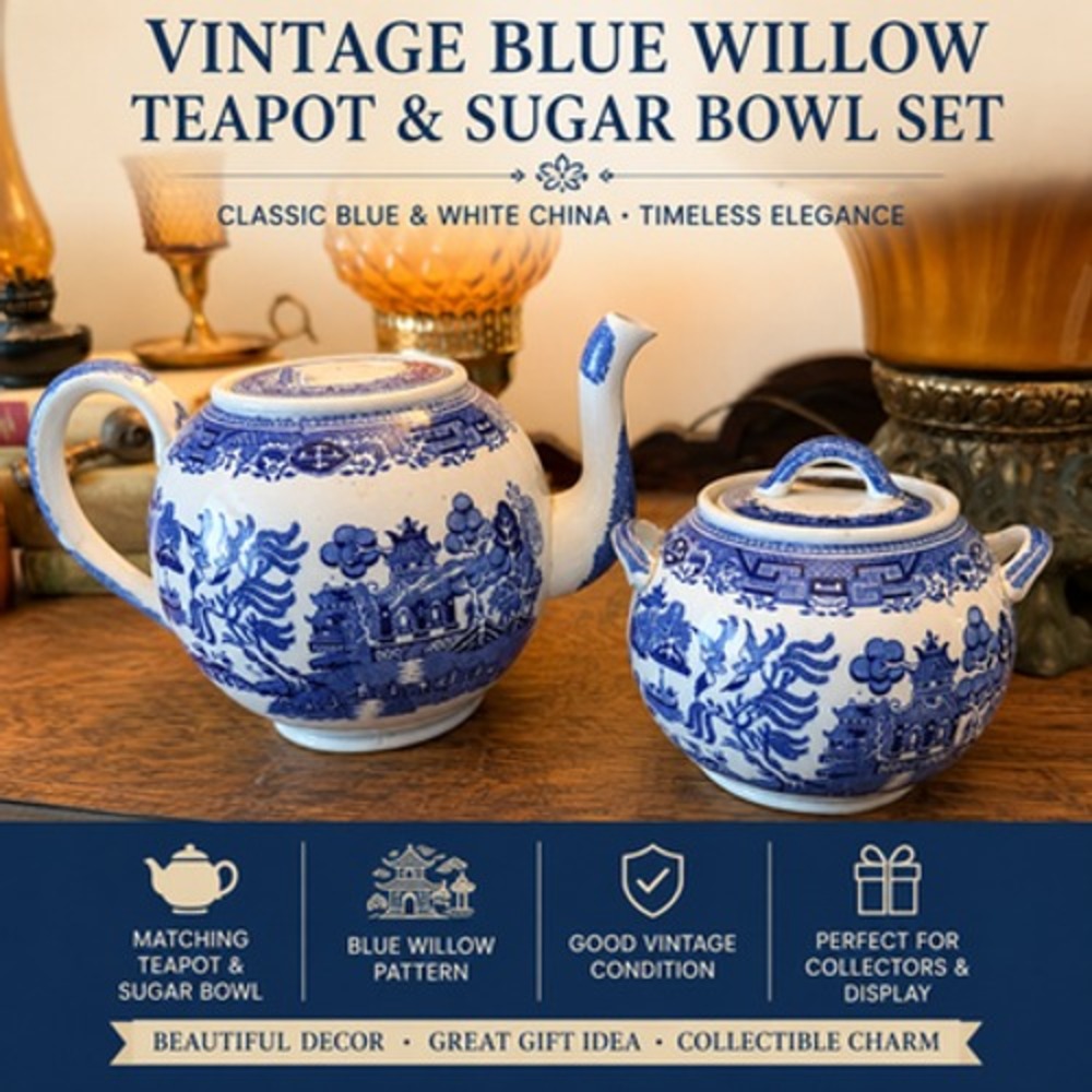 Vintage Old Hall Blue Willow Teapot & Sugar Bowl Set Staffordshire England
